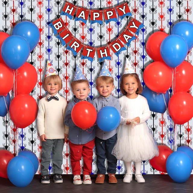 Alt view image 5 of 7 - Spider Birthday Decorations, 1 Set Banner & 2 Pcs Red Black Blue Spider Tinsel Foil Fringe Curtains Backdrops (3.3x6.6 ft), Large Birthday Photo Booth Props Indoor Party Boy Room Decor