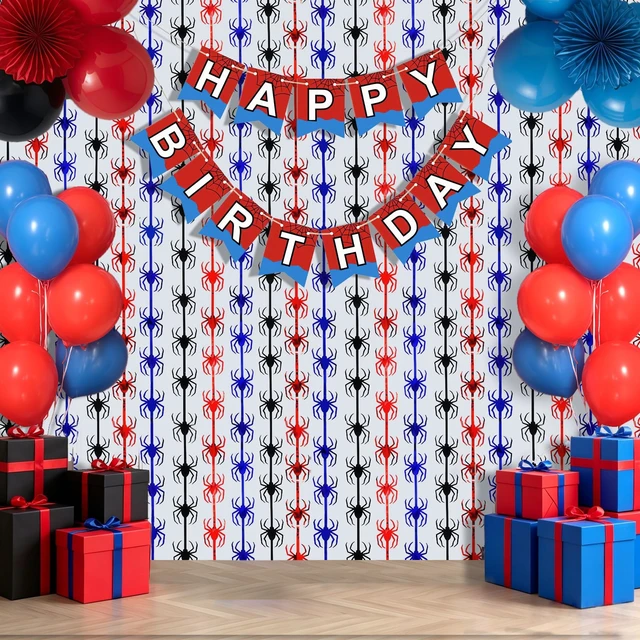Alt view image 7 of 7 - Spider Birthday Decorations, 1 Set Banner & 2 Pcs Red Black Blue Spider Tinsel Foil Fringe Curtains Backdrops (3.3x6.6 ft), Large Birthday Photo Booth Props Indoor Party Boy Room Decor