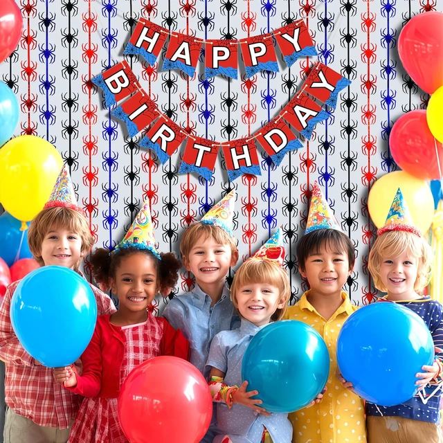 Alt view image 6 of 7 - Spider Birthday Decorations, 1 Set Banner & 2 Pcs Red Black Blue Spider Tinsel Foil Fringe Curtains Backdrops (3.3x6.6 ft), Large Birthday Photo Booth Props Indoor Party Boy Room Decor