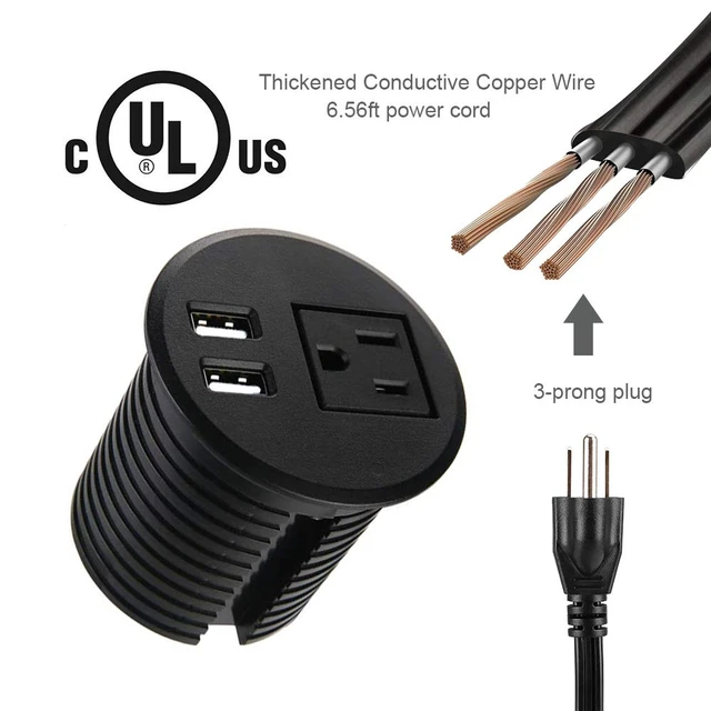 Alt view image 2 of 6 - Desktop Power Grommet 2 3/8 inch Hole Table Power Grommet Outlet with 2 USB Charging Ports,6.5ft Extension Cord Desk Power Strip with 1 Outlets for Computer,Table, Kitchen, Office,Home,Hotel and More