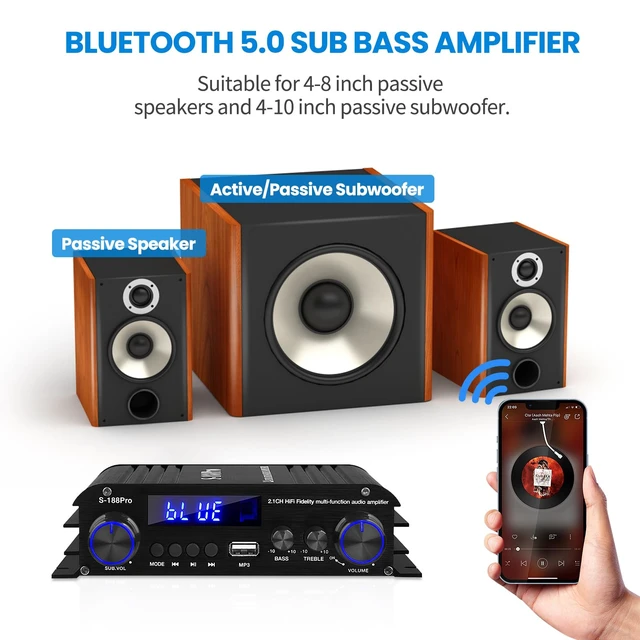 Alt view image 2 of 7 - S-188Pro Bluetooth Amplifiers Stereo Audio Receivers Amp for Home Speakers 2.1 Channel 50Wx2+60W Max.600W Output Subwoofer Amp Mini Audio Power Amplifier w/FM Radio MIC USB SD Input for Home Audio