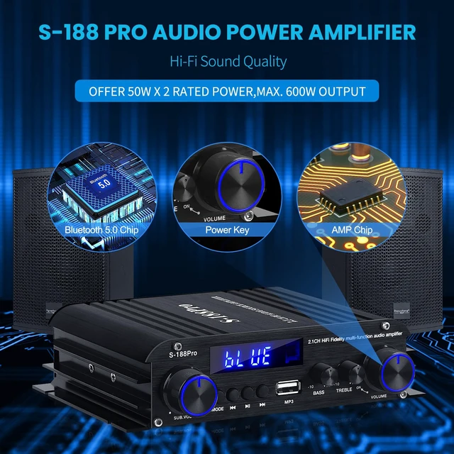Alt view image 3 of 7 - S-188Pro Bluetooth Amplifiers Stereo Audio Receivers Amp for Home Speakers 2.1 Channel 50Wx2+60W Max.600W Output Subwoofer Amp Mini Audio Power Amplifier w/FM Radio MIC USB SD Input for Home Audio