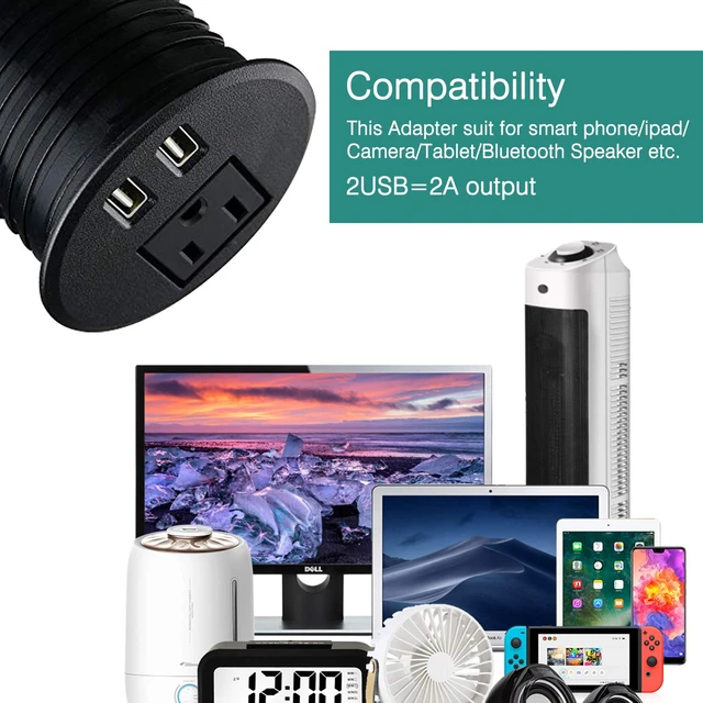 Alt view image 5 of 6 - Desktop Power Grommet 2 3/8 inch Hole Table Power Grommet Outlet with 2 USB Charging Ports,6.5ft Extension Cord Desk Power Strip with 1 Outlets for Computer,Table, Kitchen, Office,Home,Hotel and More