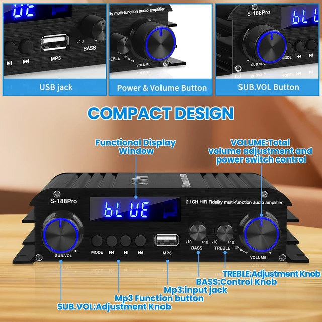 Alt view image 5 of 7 - S-188Pro Bluetooth Amplifiers Stereo Audio Receivers Amp for Home Speakers 2.1 Channel 50Wx2+60W Max.600W Output Subwoofer Amp Mini Audio Power Amplifier w/FM Radio MIC USB SD Input for Home Audio