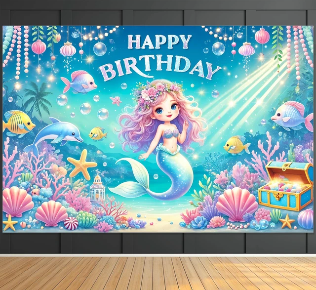 Main image of Mermaid Birthday Decorations 6x4ft Mermaid Backdrop for Girls Birthday Happy Birthday Banner Girl Under The Sea Mermaid Backdrop for Kids Princess Party Favors