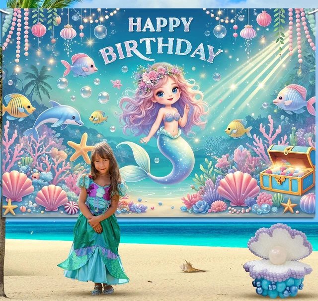 Alt view image 2 of 6 - Mermaid Birthday Decorations 6x4ft Mermaid Backdrop for Girls Birthday Happy Birthday Banner Girl Under The Sea Mermaid Backdrop for Kids Princess Party Favors