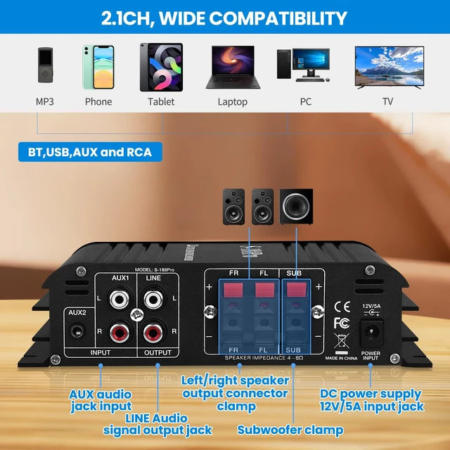 Alt view image 6 of 7 - S-188Pro Bluetooth Amplifiers Stereo Audio Receivers Amp for Home Speakers 2.1 Channel 50Wx2+60W Max.600W Output Subwoofer Amp Mini Audio Power Amplifier w/FM Radio MIC USB SD Input for Home Audio