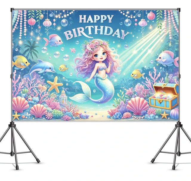 Alt view image 3 of 6 - Mermaid Birthday Decorations 6x4ft Mermaid Backdrop for Girls Birthday Happy Birthday Banner Girl Under The Sea Mermaid Backdrop for Kids Princess Party Favors