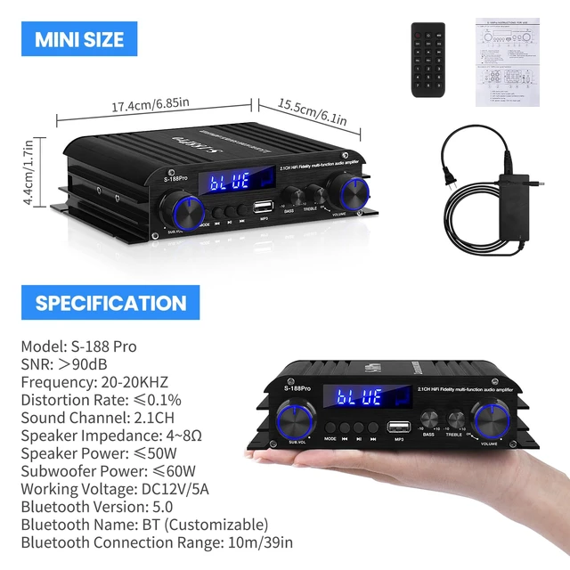 Alt view image 7 of 7 - S-188Pro Bluetooth Amplifiers Stereo Audio Receivers Amp for Home Speakers 2.1 Channel 50Wx2+60W Max.600W Output Subwoofer Amp Mini Audio Power Amplifier w/FM Radio MIC USB SD Input for Home Audio