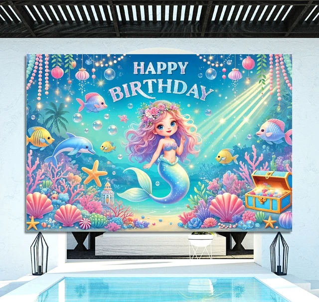 Alt view image 5 of 6 - Mermaid Birthday Decorations 6x4ft Mermaid Backdrop for Girls Birthday Happy Birthday Banner Girl Under The Sea Mermaid Backdrop for Kids Princess Party Favors
