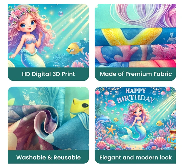 Alt view image 6 of 6 - Mermaid Birthday Decorations 6x4ft Mermaid Backdrop for Girls Birthday Happy Birthday Banner Girl Under The Sea Mermaid Backdrop for Kids Princess Party Favors