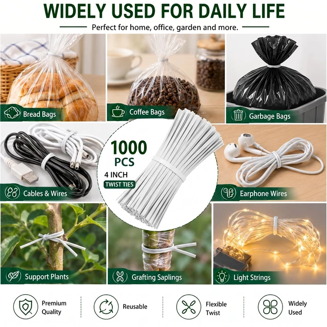 Alt view image 3 of 7 - 1000pcs 4 Inch Twist Ties - Reusable White Plastic Coated Cable Wire Ties for Bags, Bread,Household and Office