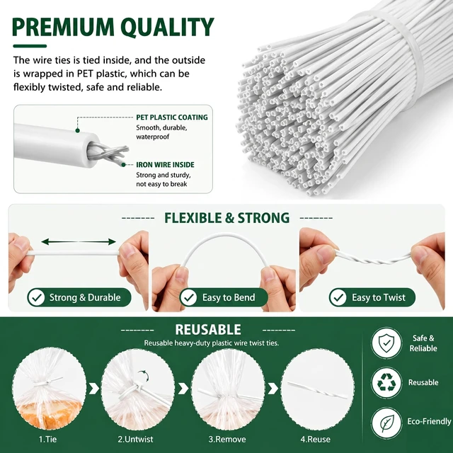 Alt view image 4 of 7 - 1000pcs 4 Inch Twist Ties - Reusable White Plastic Coated Cable Wire Ties for Bags, Bread,Household and Office