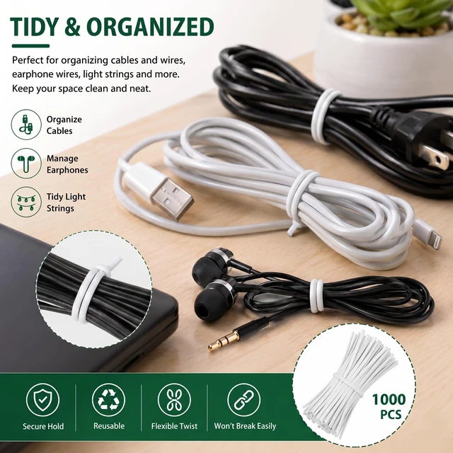 Alt view image 6 of 7 - 1000pcs 4 Inch Twist Ties - Reusable White Plastic Coated Cable Wire Ties for Bags, Bread,Household and Office