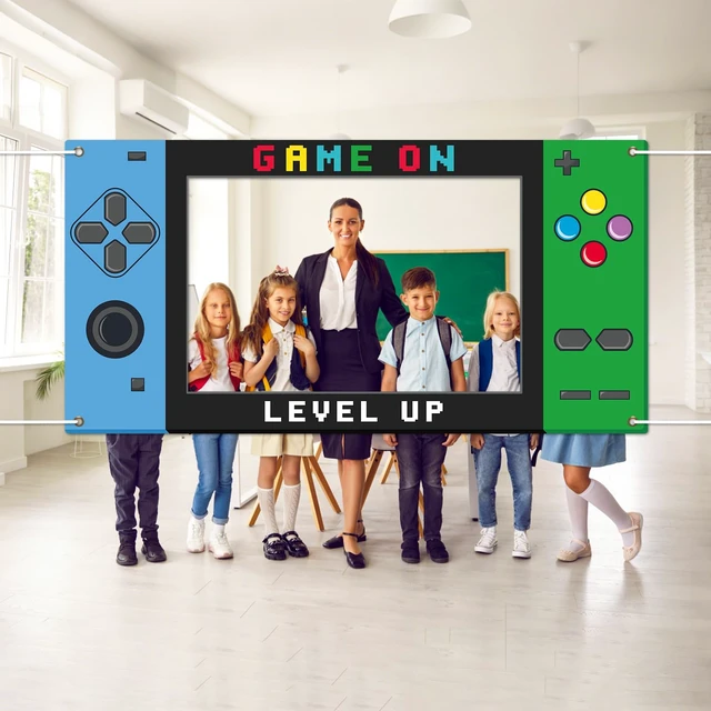 Alt view image 5 of 7 - Large 73inch Video Game Photo Prop Game on Birthday Party Decorations Blue Green Handheld Gaming Console Banner Backdrop Gaming Photo Booth Frame Background for Boys Birthday Gamer Favor Supplies