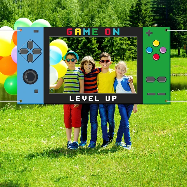 Alt view image 4 of 7 - Large 73inch Video Game Photo Prop Game on Birthday Party Decorations Blue Green Handheld Gaming Console Banner Backdrop Gaming Photo Booth Frame Background for Boys Birthday Gamer Favor Supplies