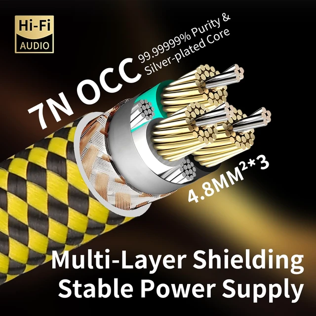 Alt view image 2 of 7 - Audiophile Audio Power Cable 7N OCC for Amp/DAC/HiFi Systems 6.6ft 24K Gold-Plated Plug, Copper Alloy Shell, OFC Braided Shielding, NEMA 5-15P to C15, 3 Prong Power Cord, 4.8mm² x 3, 18.5mm