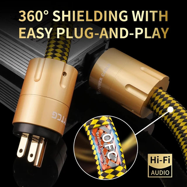 Alt view image 4 of 7 - Audiophile Audio Power Cable 7N OCC for Amp/DAC/HiFi Systems 6.6ft 24K Gold-Plated Plug, Copper Alloy Shell, OFC Braided Shielding, NEMA 5-15P to C15, 3 Prong Power Cord, 4.8mm² x 3, 18.5mm