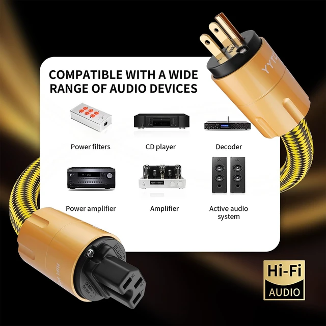 Alt view image 7 of 7 - Audiophile Audio Power Cable 7N OCC for Amp/DAC/HiFi Systems 6.6ft 24K Gold-Plated Plug, Copper Alloy Shell, OFC Braided Shielding, NEMA 5-15P to C15, 3 Prong Power Cord, 4.8mm² x 3, 18.5mm