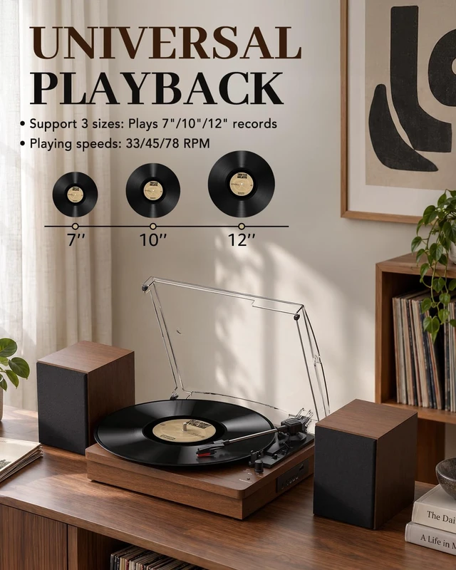 Alt view image 2 of 7 - ® Record Player with Speakers, 3-Speed Bluetooth Turntable Belt-Driven, Bluetooth Input, USB Playback, Auto Stop, AUX Headphone Input and RCA Out, Plays 7/10/12" Records, 33/45/78 RPM