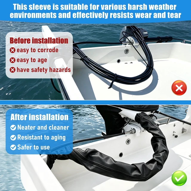 Alt view image 7 of 7 - 48 Inch Trolling Motor Cable Sleeve Outboard Rigging Sleeve Zipper Cable Sleeve Boat Wire Cover Marine Cable Boot Waterproof Cord Cover Cable Ties Organization Dirt Protection Black 2PCS