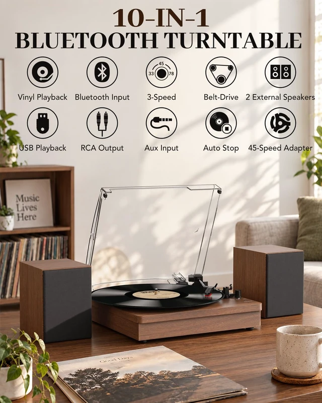 Alt view image 5 of 7 - ® Record Player with Speakers, 3-Speed Bluetooth Turntable Belt-Driven, Bluetooth Input, USB Playback, Auto Stop, AUX Headphone Input and RCA Out, Plays 7/10/12" Records, 33/45/78 RPM