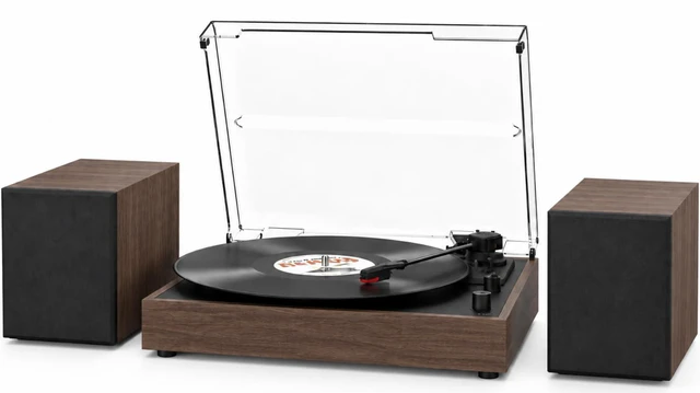 Main image of ® Record Player with 2 Speakers, Bluetooth Belt-Driven Turntable Bluetooth Input, 33 1/3 & 45 RPM, 7/10/12 Inch Vinyl, RCA Output, Headphone Jack, Auto Stop, Dust Cover, Vintage Home Audio