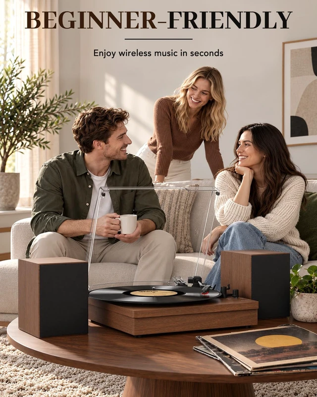Alt view image 6 of 7 - ® Record Player with Speakers, 3-Speed Bluetooth Turntable Belt-Driven, Bluetooth Input, USB Playback, Auto Stop, AUX Headphone Input and RCA Out, Plays 7/10/12" Records, 33/45/78 RPM