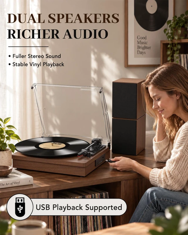 Alt view image 7 of 7 - ® Record Player with Speakers, 3-Speed Bluetooth Turntable Belt-Driven, Bluetooth Input, USB Playback, Auto Stop, AUX Headphone Input and RCA Out, Plays 7/10/12" Records, 33/45/78 RPM