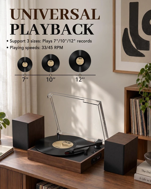 Alt view image 2 of 7 - ® Record Player with 2 Speakers, Bluetooth Belt-Driven Turntable Bluetooth Input, 33 1/3 & 45 RPM, 7/10/12 Inch Vinyl, RCA Output, Headphone Jack, Auto Stop, Dust Cover, Vintage Home Audio