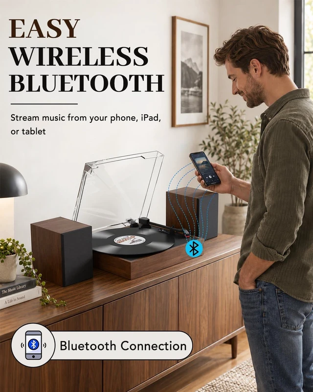 Alt view image 4 of 7 - ® Record Player with 2 Speakers, Bluetooth Belt-Driven Turntable Bluetooth Input, 33 1/3 & 45 RPM, 7/10/12 Inch Vinyl, RCA Output, Headphone Jack, Auto Stop, Dust Cover, Vintage Home Audio