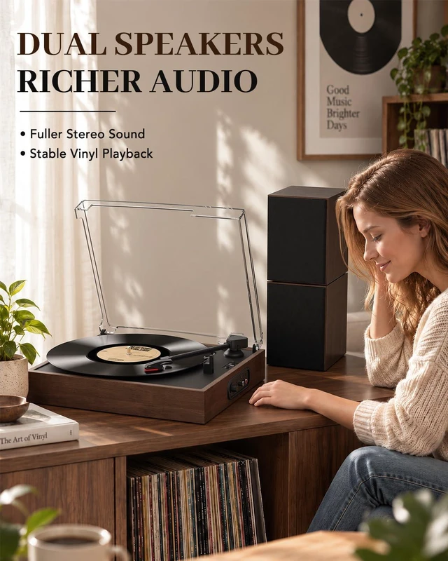 Alt view image 6 of 7 - ® Record Player with 2 Speakers, Bluetooth Belt-Driven Turntable Bluetooth Input, 33 1/3 & 45 RPM, 7/10/12 Inch Vinyl, RCA Output, Headphone Jack, Auto Stop, Dust Cover, Vintage Home Audio