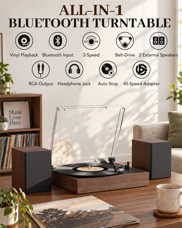 Alt view image 5 of 7 - ® Record Player with 2 Speakers, Bluetooth Belt-Driven Turntable Bluetooth Input, 33 1/3 & 45 RPM, 7/10/12 Inch Vinyl, RCA Output, Headphone Jack, Auto Stop, Dust Cover, Vintage Home Audio