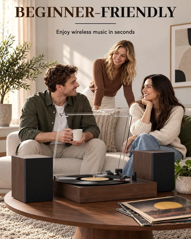 Alt view image 7 of 7 - ® Record Player with 2 Speakers, Bluetooth Belt-Driven Turntable Bluetooth Input, 33 1/3 & 45 RPM, 7/10/12 Inch Vinyl, RCA Output, Headphone Jack, Auto Stop, Dust Cover, Vintage Home Audio
