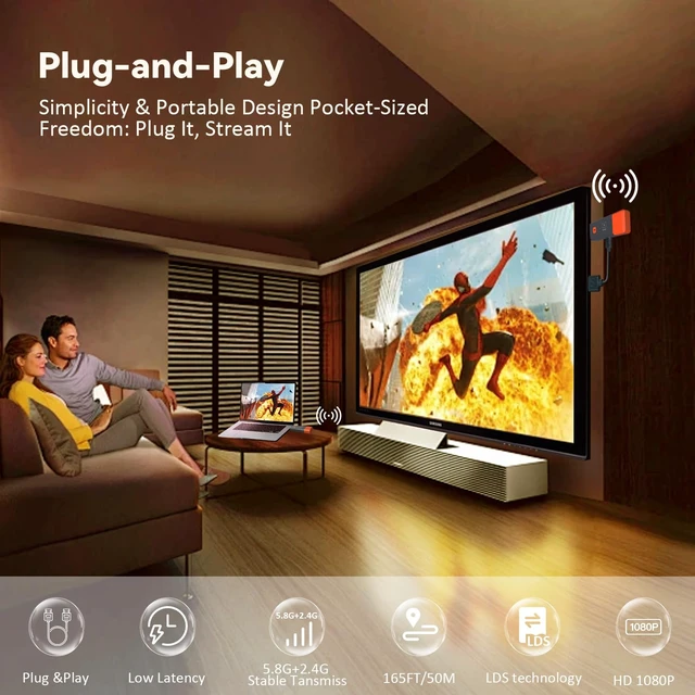 Alt view image 2 of 7 - Wireless HDMI Transmitter and Receiver, Non-Delayed Streaming. 165FT/50M, 4K decoding to 1080P Output, Plug and Play Dual-Band 2.4G+5.8G Wireless HDMI, Suitable for PC/Camera/Projector/STB/Monitor