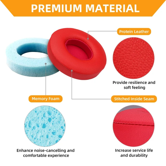 Alt view image 6 of 7 - Replacement Ear Pads for Beats Solo 2 and Solo 3 Headphones, Red Solo2 & Solo3 Earpads Cushions with Noise Isolation Memory Foam and Softer Protein Leather