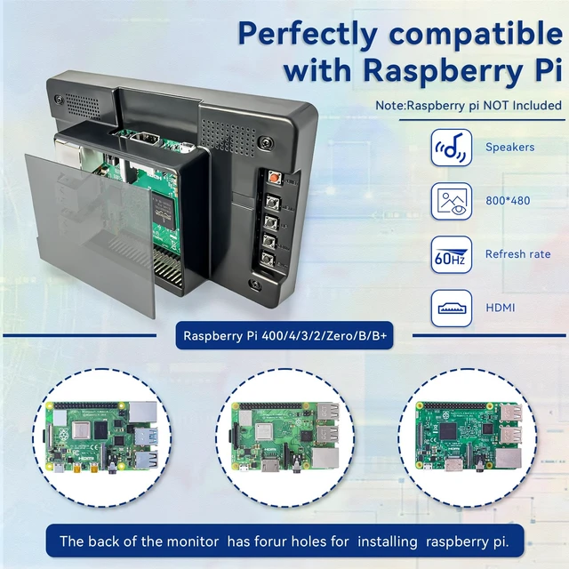 Alt view image 2 of 7 - 7'' Small HDMI Monitor 800x480 Raspberry Pi Screen with Case Second/Extend Screen for Raspberry Pi 5/4/3 Win11/10/8/7, Plug & Play, Dual Speakers, Non-Touch