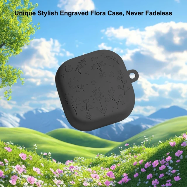 Alt view image 2 of 6 - for Samsung Galaxy Buds 4 Case/Galaxy Buds 4 Pro Case Cover,Cute Engraved Flower Cover for Samsung Galaxy Buds 4/4 Pro,Silicon Skin with Girly Floral Keychain&Cleaing Pen Women Girls-Black