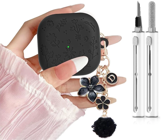 Main image of for Samsung Galaxy Buds 4 Case/Galaxy Buds 4 Pro Case Cover,Cute Engraved Flower Cover for Samsung Galaxy Buds 4/4 Pro,Silicon Skin with Girly Floral Keychain&Cleaing Pen Women Girls-Black