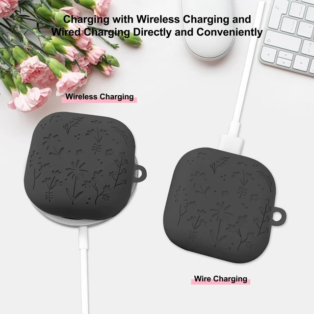 Alt view image 4 of 6 - for Samsung Galaxy Buds 4 Case/Galaxy Buds 4 Pro Case Cover,Cute Engraved Flower Cover for Samsung Galaxy Buds 4/4 Pro,Silicon Skin with Girly Floral Keychain&Cleaing Pen Women Girls-Black