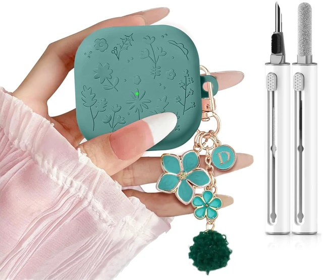 Main image of for Samsung Galaxy Buds 4 Case/Galaxy Buds 4 Pro Case Cover,Cute Engraved Flower Cover for Samsung Galaxy Buds 4/4 Pro,Silicon Skin with Girly Floral Keychain&Cleaing Pen Women Girls-Green