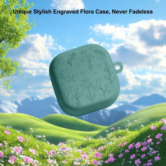 Alt view image 2 of 5 - for Samsung Galaxy Buds 4 Case/Galaxy Buds 4 Pro Case Cover,Cute Engraved Flower Cover for Samsung Galaxy Buds 4/4 Pro,Silicon Skin with Girly Floral Keychain&Cleaing Pen Women Girls-Green