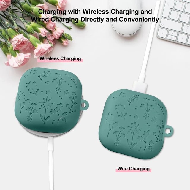 Alt view image 4 of 5 - for Samsung Galaxy Buds 4 Case/Galaxy Buds 4 Pro Case Cover,Cute Engraved Flower Cover for Samsung Galaxy Buds 4/4 Pro,Silicon Skin with Girly Floral Keychain&Cleaing Pen Women Girls-Green