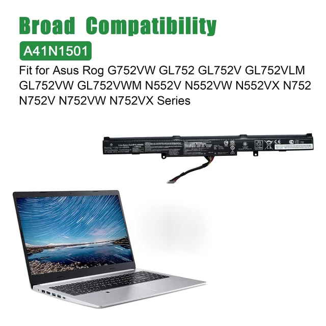 Alt view image 5 of 6 - A41N1501 Laptop Battery Replacement for Asus Rog G752VW GL752 GL752JW GL752V GL752VLM GL752VW GL752VW-DH74 GL752VWM N552 N552V N552VW N552VX N752 N752V Series A41LK9H L41LK2H 15V 48Wh 3100mAh