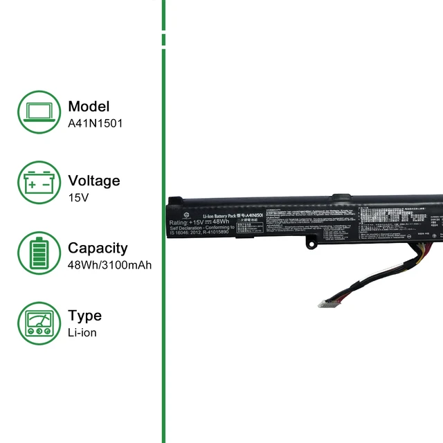 Alt view image 2 of 6 - A41N1501 Laptop Battery Replacement for Asus Rog G752VW GL752 GL752JW GL752V GL752VLM GL752VW GL752VW-DH74 GL752VWM N552 N552V N552VW N552VX N752 N752V Series A41LK9H L41LK2H 15V 48Wh 3100mAh