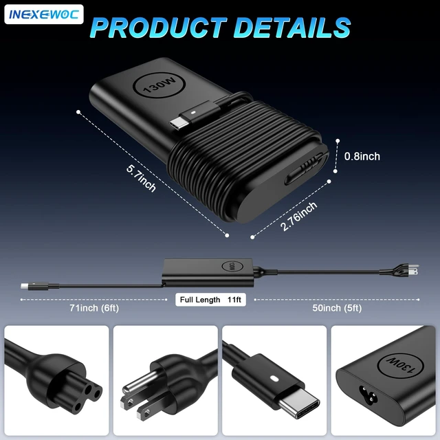 Alt view image 2 of 7 - 130W USB C Laptop Charger Compatible with Dell XPS 15 17 2in1 9575 9500 9520 9700 Precision 3560 5550 5530 5750 5560 5570 Latitude 9510 9410 7210 7310 7410 5510Type C AC Adapter Power Cord