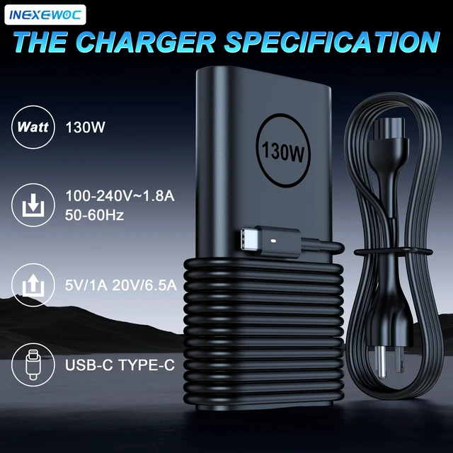 Alt view image 4 of 7 - 130W USB C Laptop Charger Compatible with Dell XPS 15 17 2in1 9575 9500 9520 9700 Precision 3560 5550 5530 5750 5560 5570 Latitude 9510 9410 7210 7310 7410 5510Type C AC Adapter Power Cord