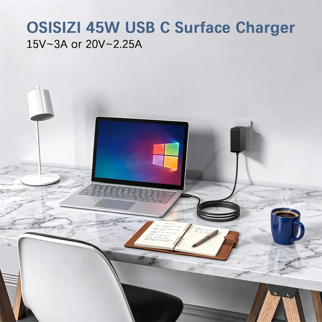 Alt view image 6 of 6 - 45W Surface Pro Charger USB C Wall Charger for Microsoft Surface Pro Fit for Microsoft Surface Pro 12" Copilot + PC, Surface Pro 13"Surface Laptop 13" Snapdragon X Plus, USB C Power Adapter