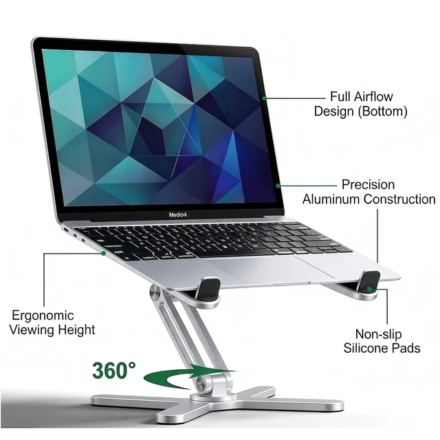 Alt view image 2 of 6 - 360 Rotating Laptop Stand Riser, Foldable for Desk, Silver Aluminum Ergonomic Riser, Adjustable Height & Angle for Collaborative Work. Portable Fits MacBook & Laptops up to 16 inches