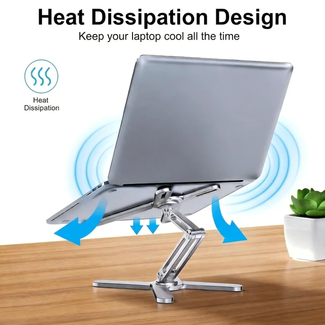 Alt view image 3 of 6 - 360 Rotating Laptop Stand Riser, Foldable for Desk, Silver Aluminum Ergonomic Riser, Adjustable Height & Angle for Collaborative Work. Portable Fits MacBook & Laptops up to 16 inches